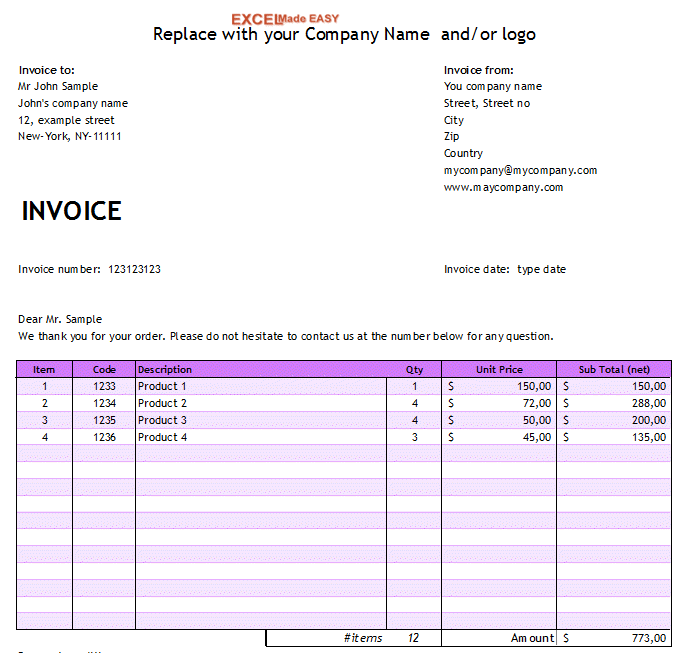 simple invoice excel template different theme