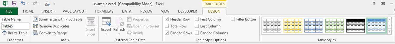 table tool design ribbon