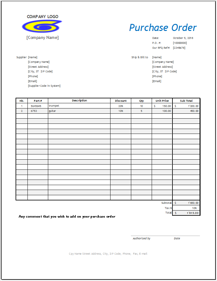 Small business purchase order template for excel