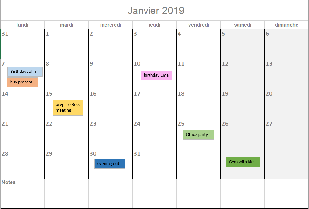 calendar 2019 Excel