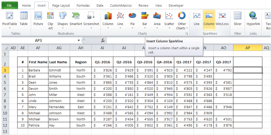 excel add small table to a cell with sparkline