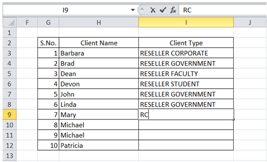 excel autocomplete text typing short code for the text