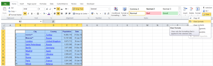 excel clear all format from range of cells