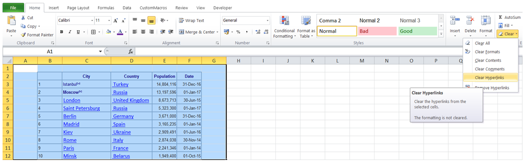 excel remove hyperlinks from range of cells