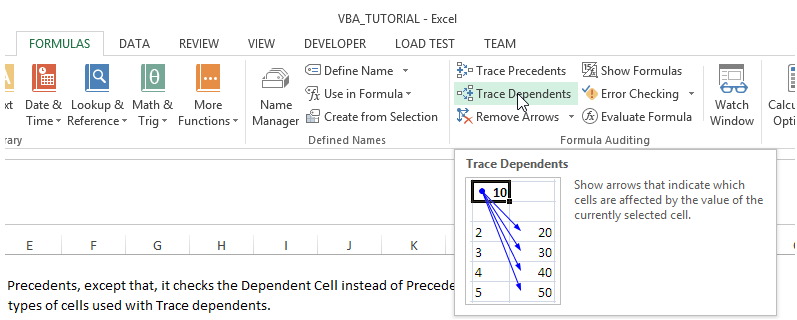 excel trace dependents cells from one cell