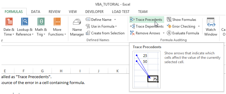 excel trace precedents cells from one cell