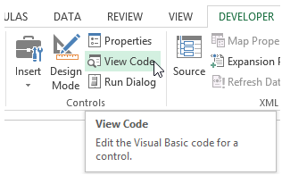 excel vba view code developer tab