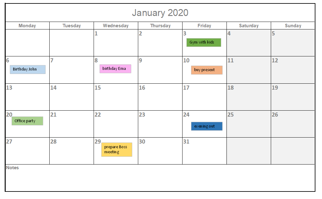Calendar 2020 template for Excel